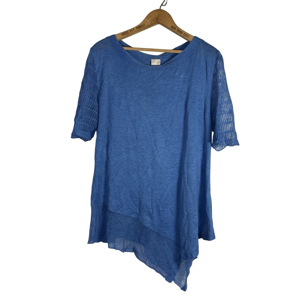 Poetry Sweater size 12 100% Linen Blue Lightweight 3/4 Sleeves Asymmetrical Hem